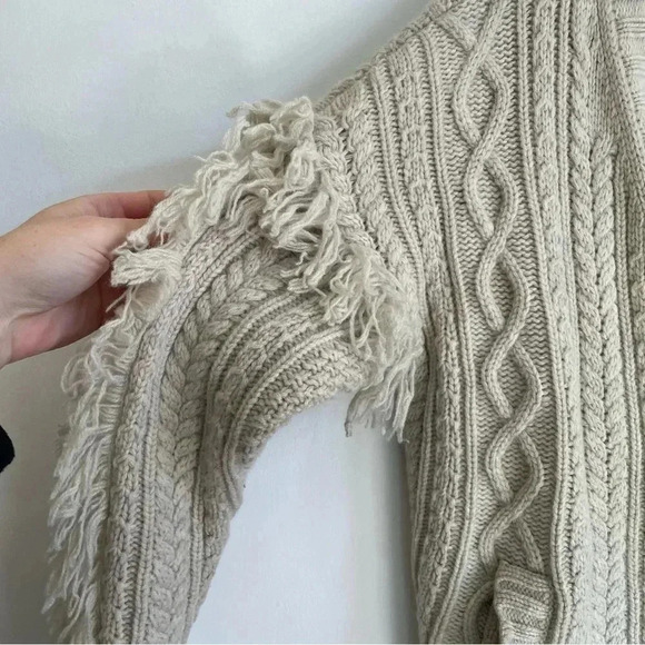 Madewell Cable Knit Fringe Cardigan Sweater 100% Merino Wool Tan Crop - Picture 7 of 13